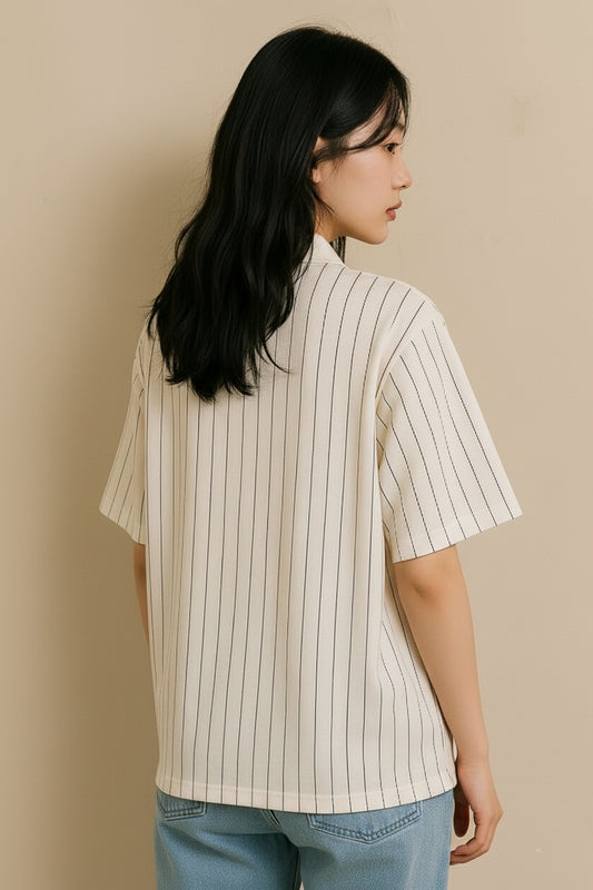 Pinstripe Polo Shirt with Floral Appliqué Embellishments