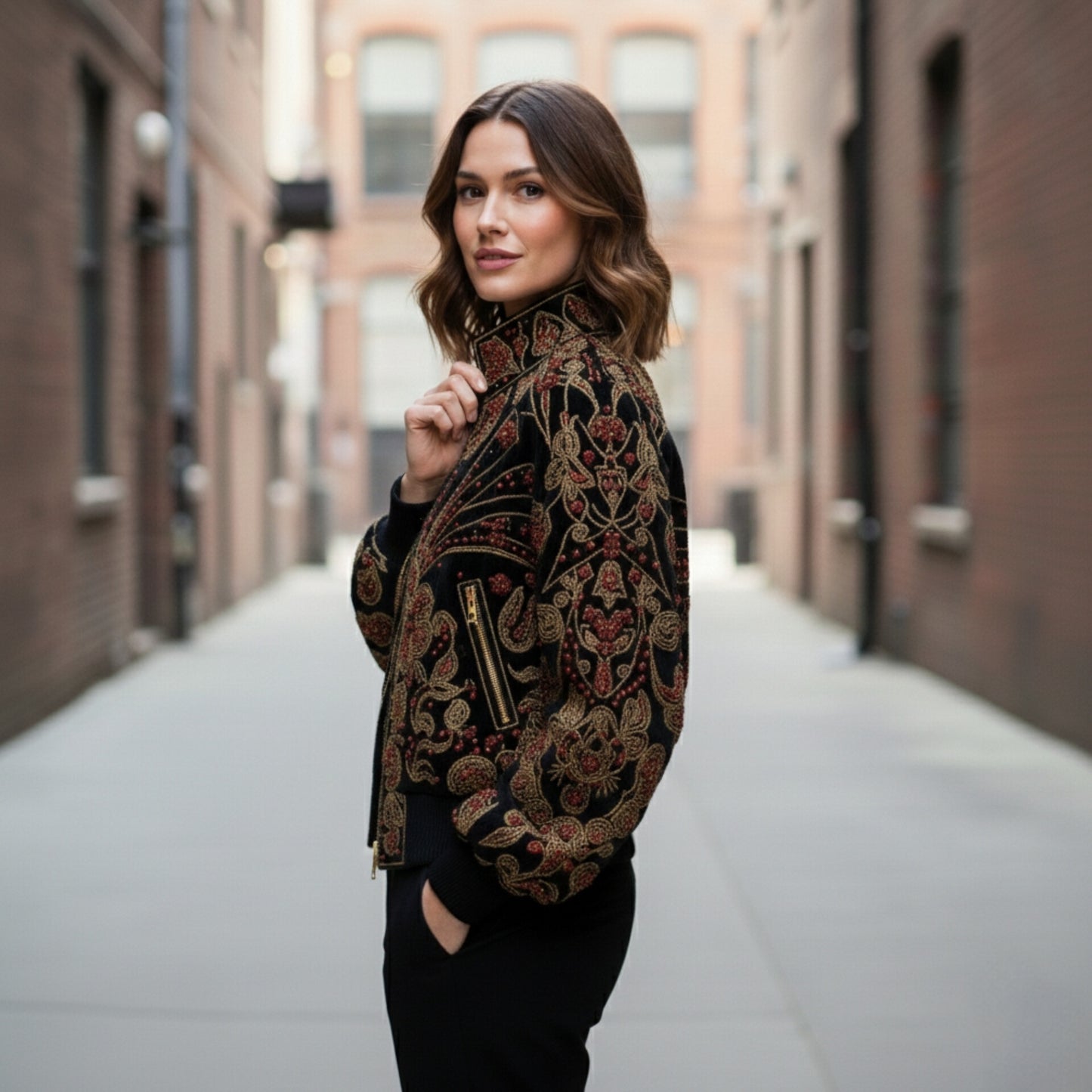 Artisan Floral Embroidered Velvet Bomber Jacket