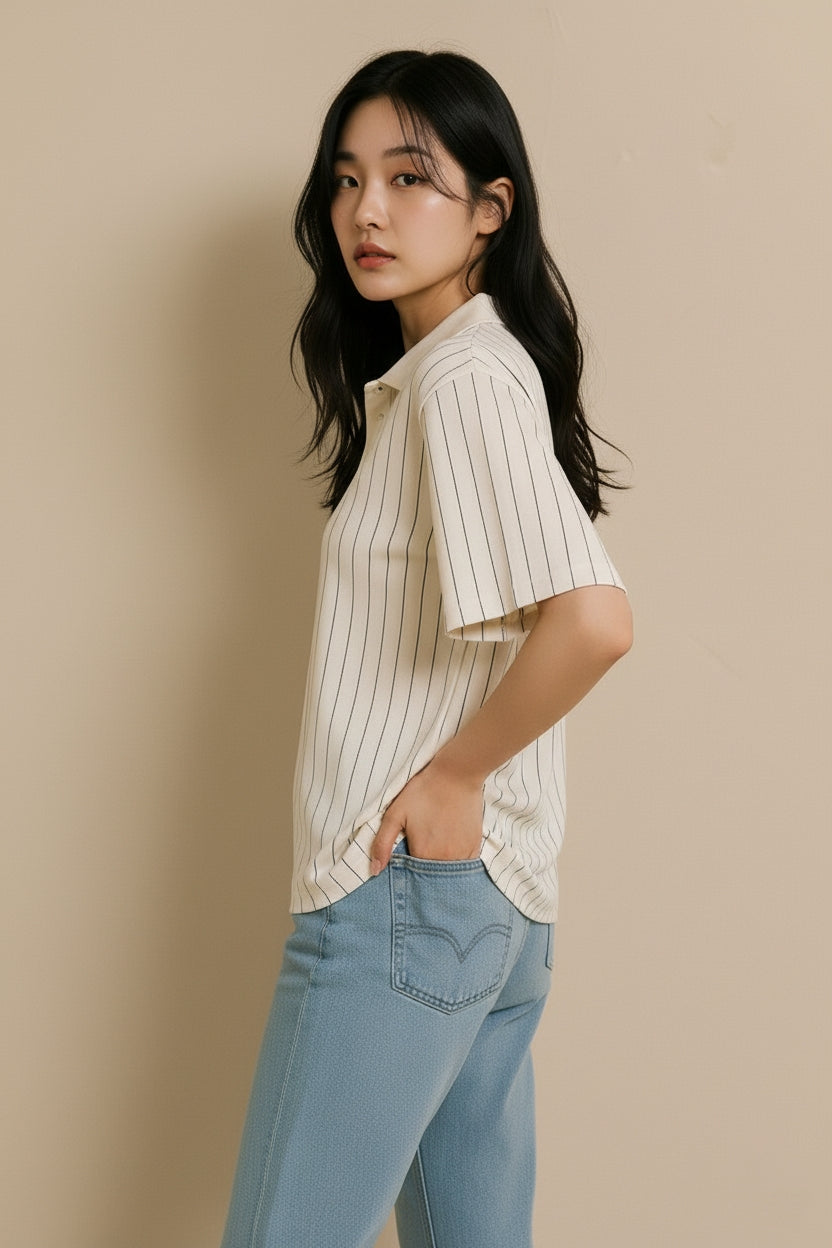 Pinstripe Polo Shirt with Floral Appliqué Embellishments