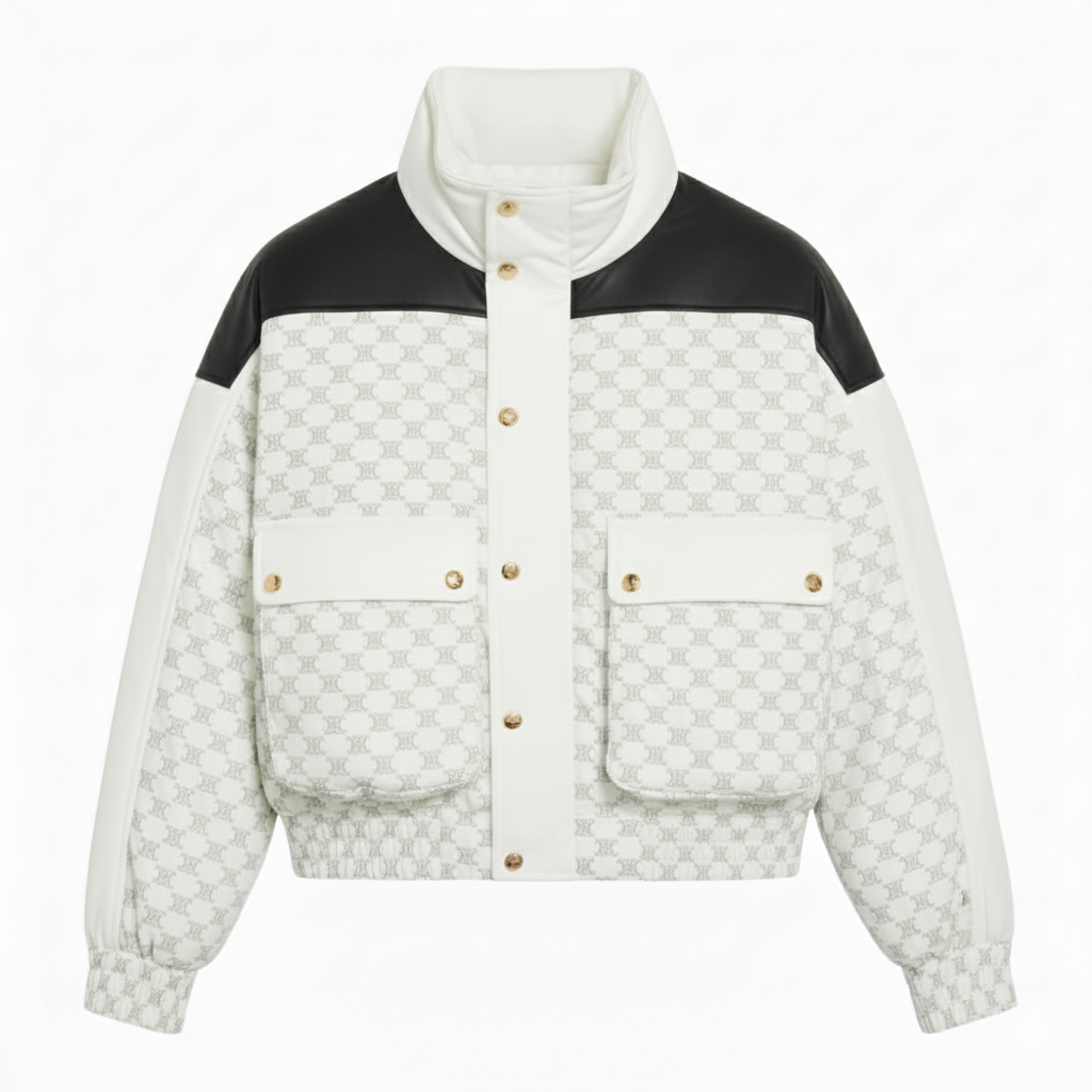 Monogram Print Puffer Bomber Jacket with Leather