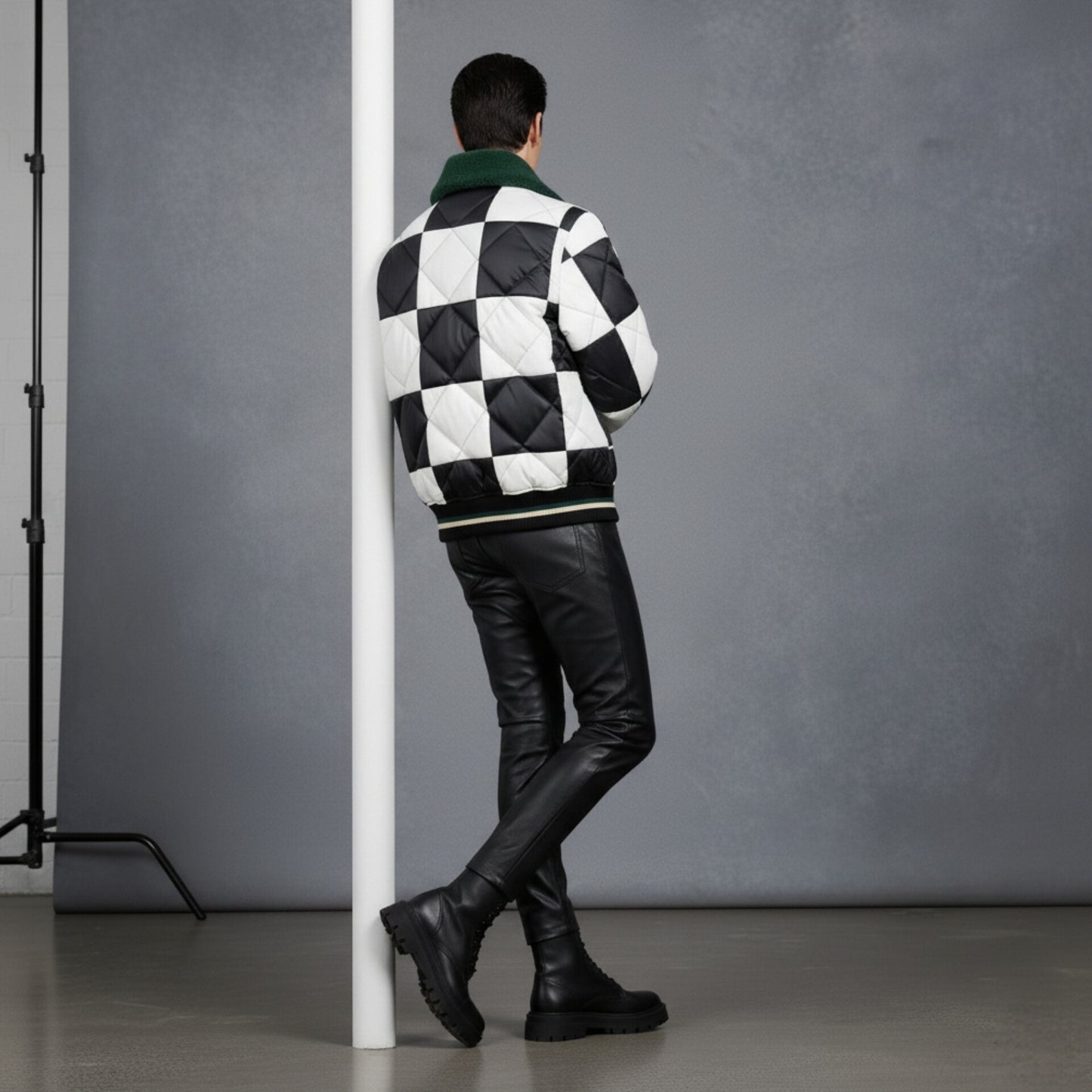 Checkerboard Quilted Bomber Jacket with Shearling Collar