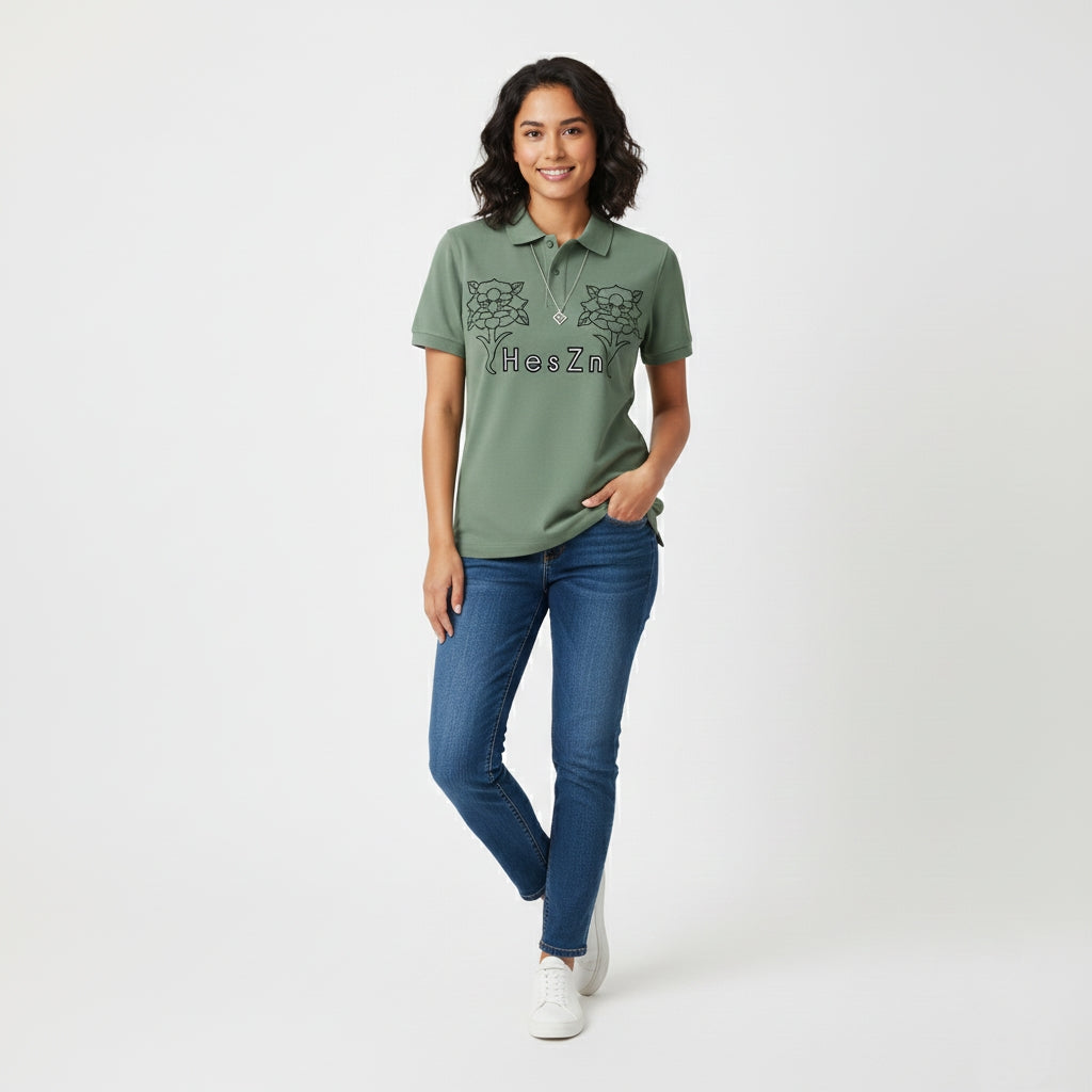 Green Polo with "HesZn" Rose Graphic