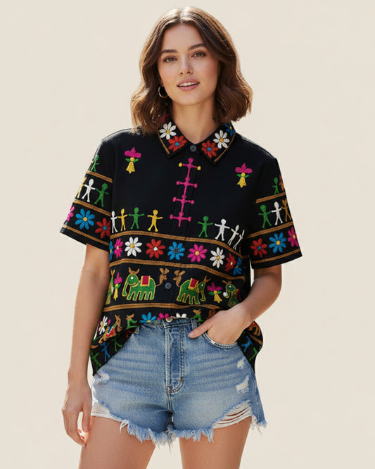 Black Embroidered Folk Art Short Sleeve Button-Up Shirt