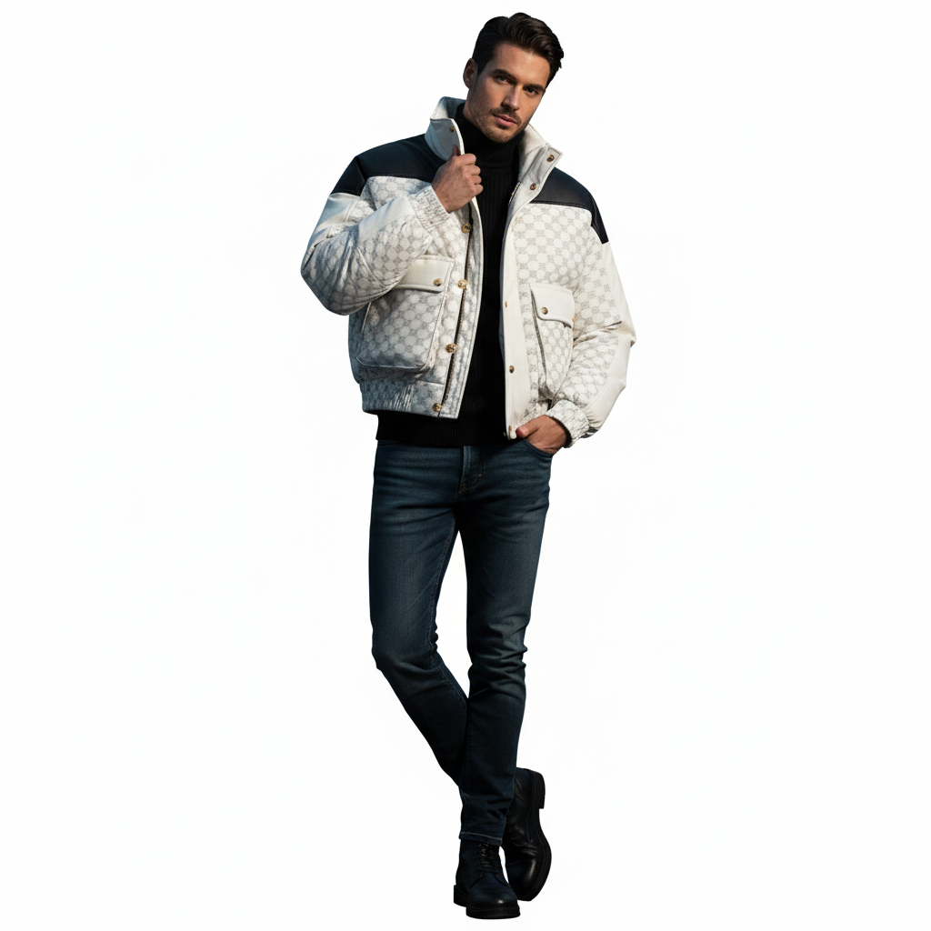 Monogram Print Puffer Bomber Jacket with Leather
