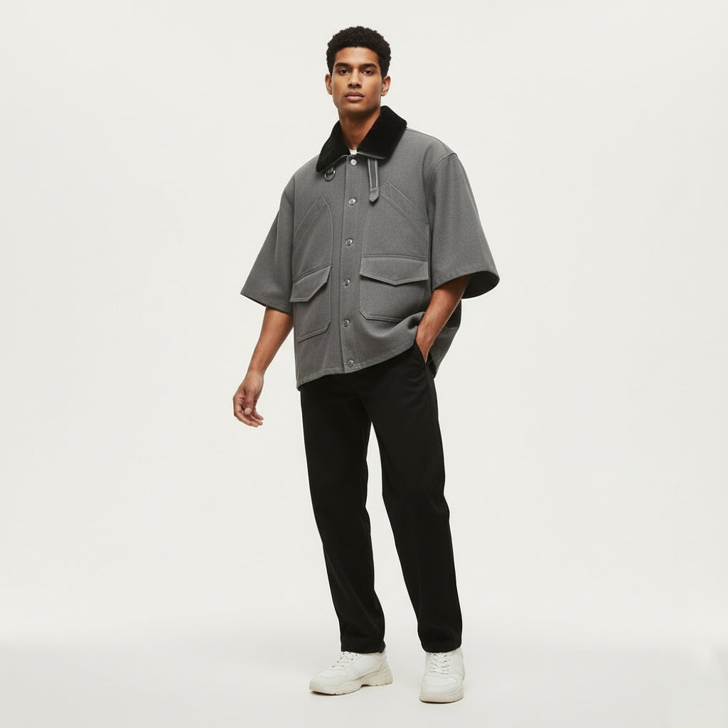 Cropped Jacket W/ Faux Fur Collar