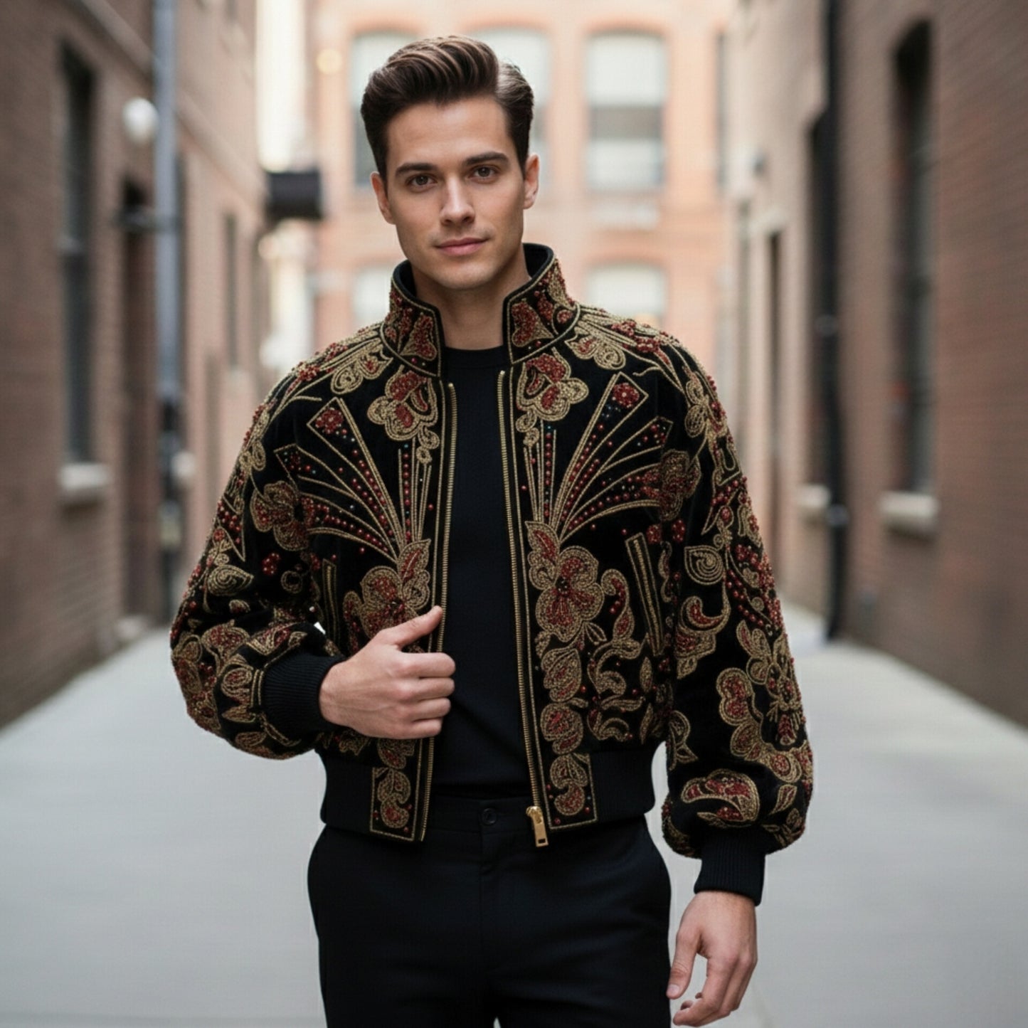 Artisan Floral Embroidered Velvet Bomber Jacket