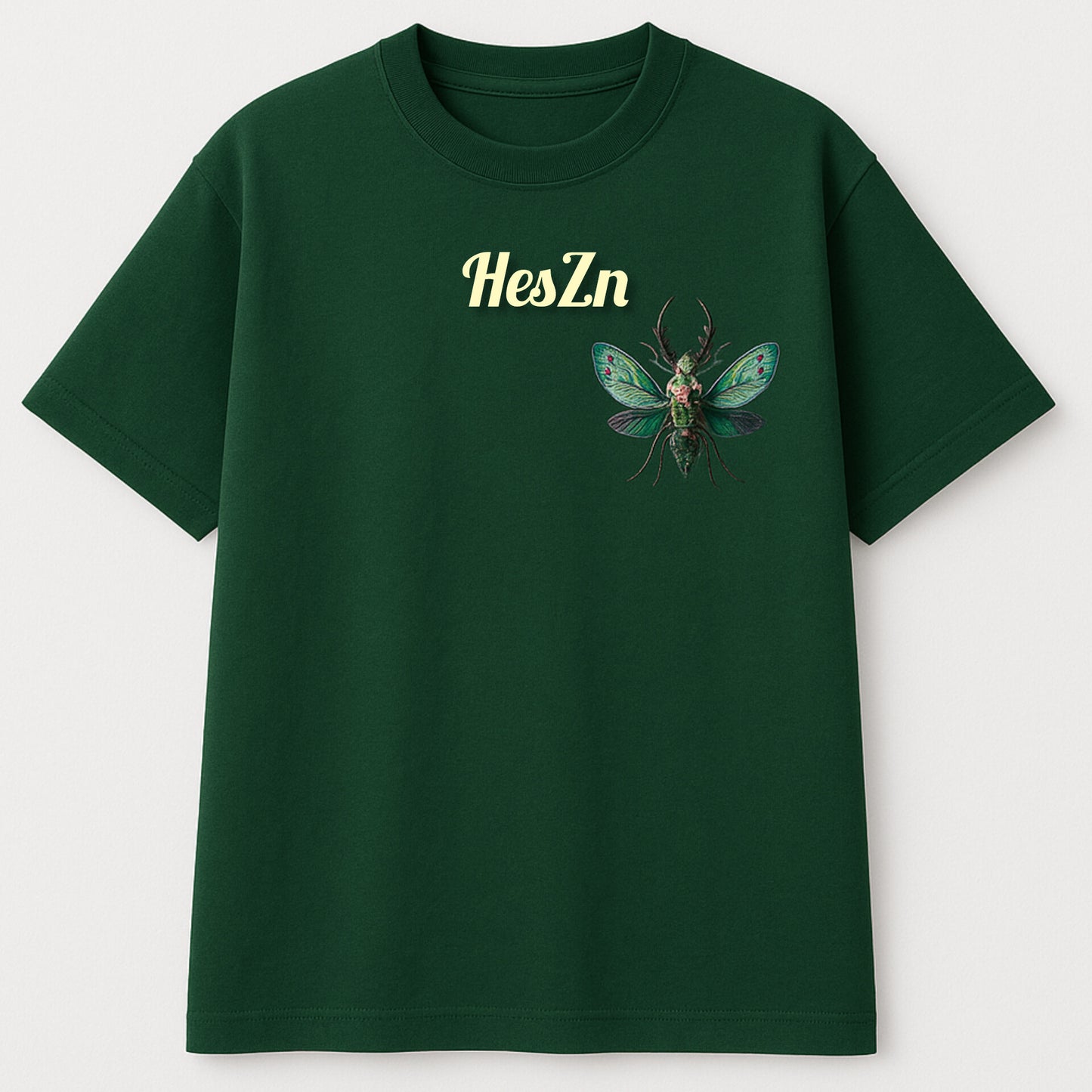 HesZn Nocturnal Emerald Beetle Graphic T-Shirt | Dark Green Basic Tee