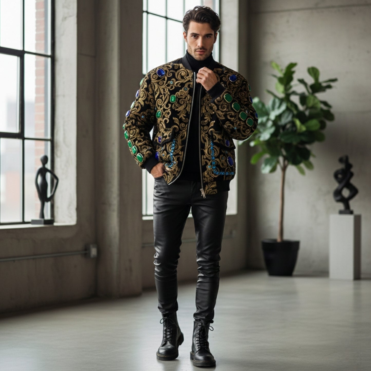 Regal Baroque Embellished Velvet Bomber Jacket