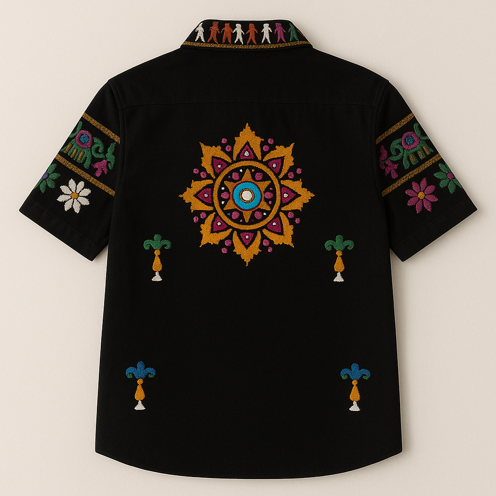 Black Embroidered Folk Art Short Sleeve Button-Up Shirt