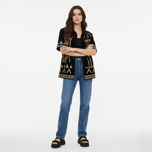 Black Velvet Sequin "King and Queen" Short-Sleeve Shirt