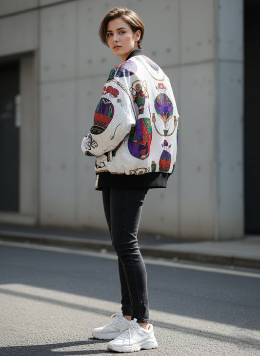 Vintage Silk Hot Air Balloon Paisley Bomber Jacket