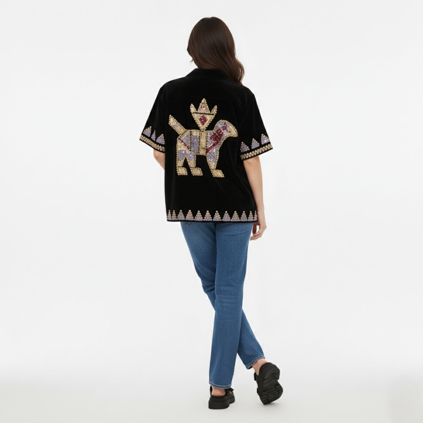Black Velvet Sequin "King and Queen" Short-Sleeve Shirt