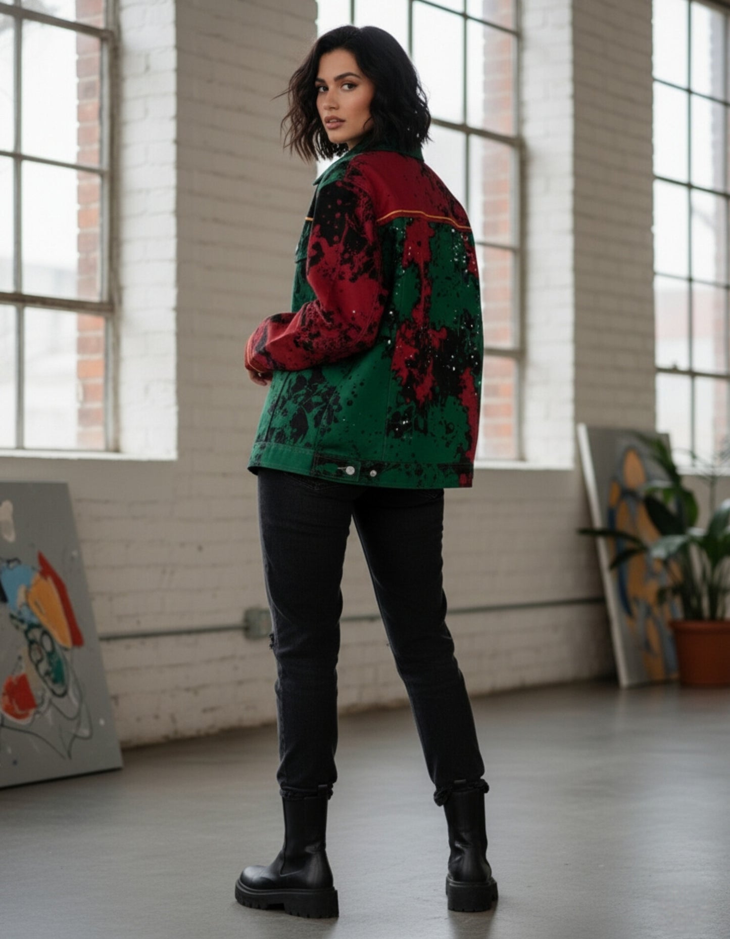 Split-Color Paint Splatter Denim Jacket