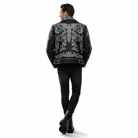 Black Leather Biker Jacket with Silver Baroque Embroidery