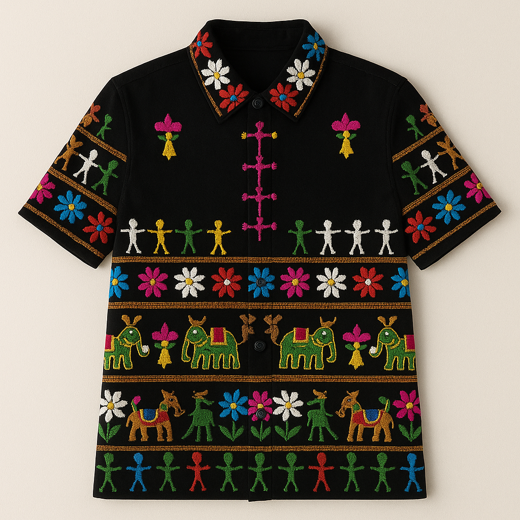Black Embroidered Folk Art Short Sleeve Button-Up Shirt