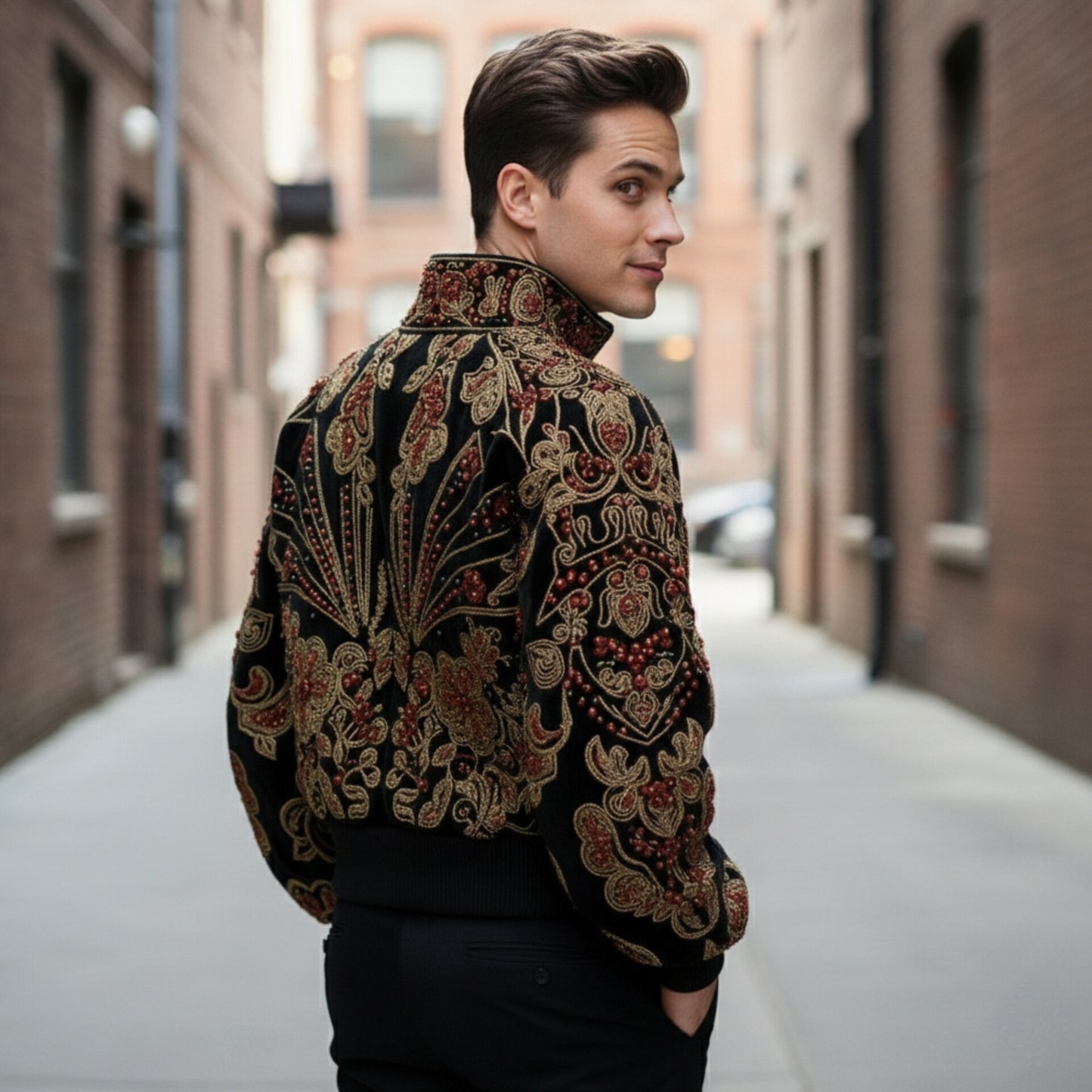Artisan Floral Embroidered Velvet Bomber Jacket