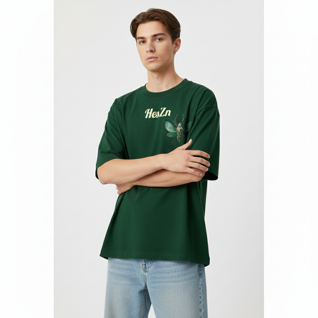 HesZn Nocturnal Emerald Beetle Graphic T-Shirt | Dark Green Basic Tee