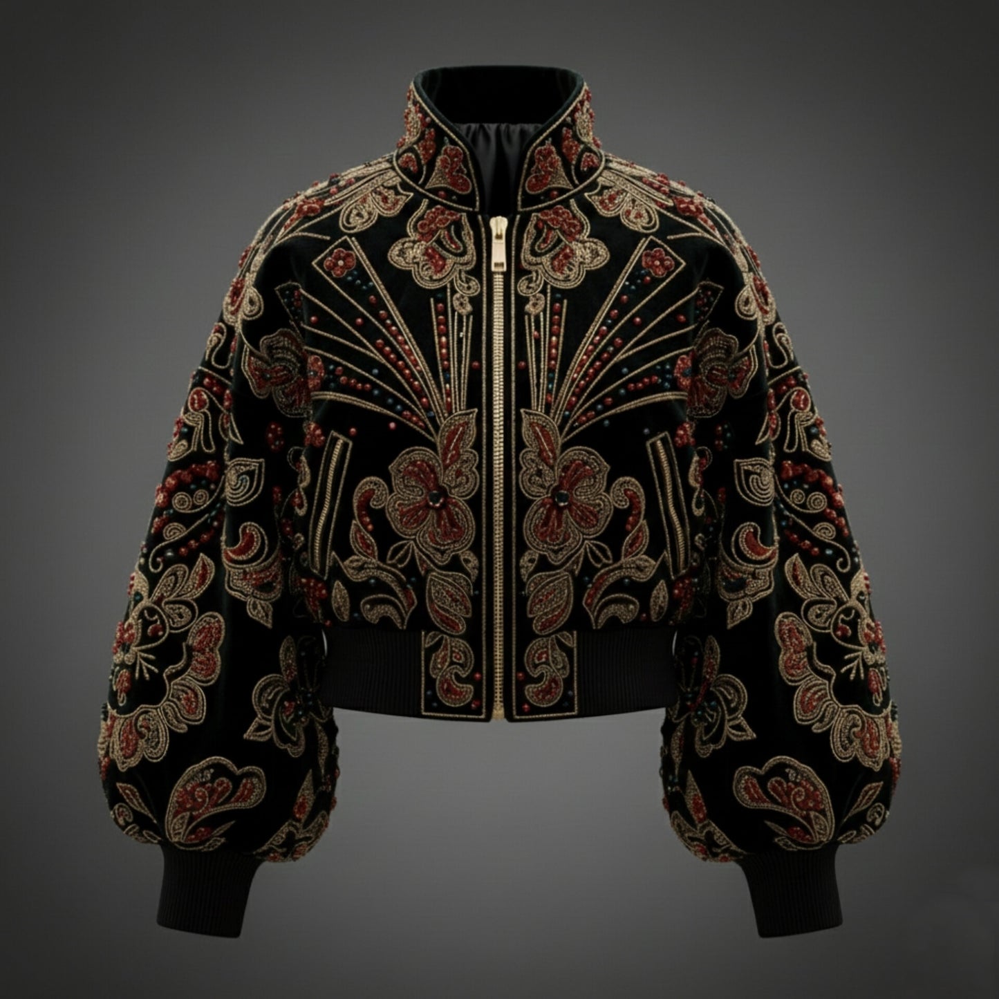Artisan Floral Embroidered Velvet Bomber Jacket