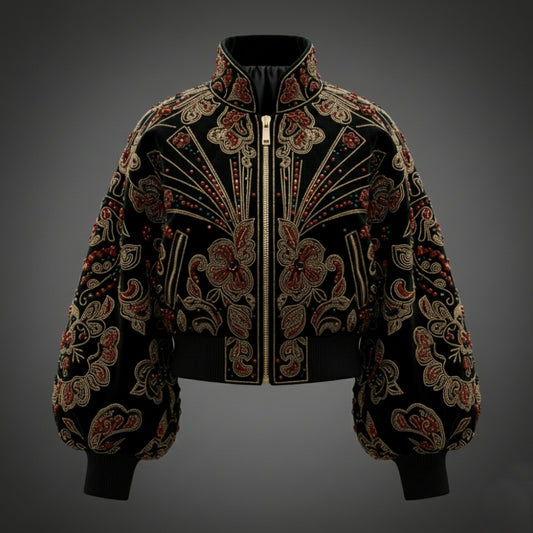 Artisan Floral Embroidered Velvet Bomber Jacket